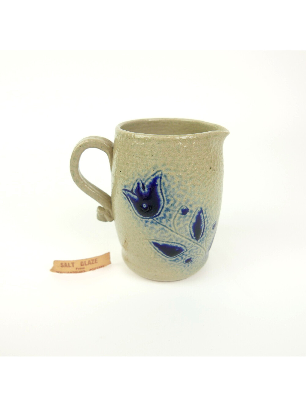 Vintage Williamsburg Pottery Salt Glaze Stoneware Pitcher Creamer Cobalt Tulip